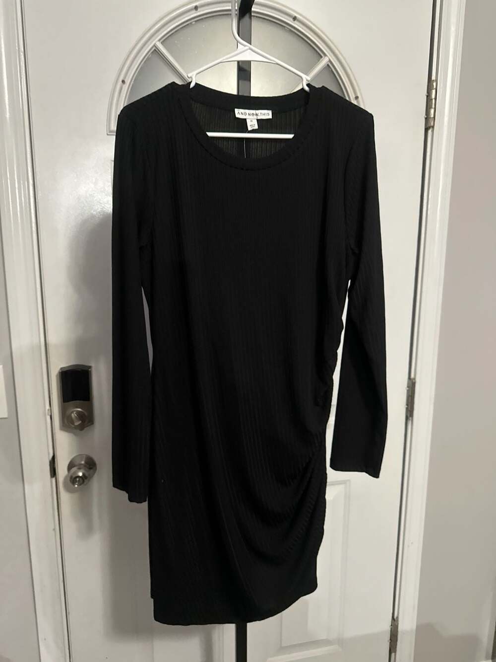 Women's Black Ribbed Long-Sleeve Side-Ruched Mini Dress, Size XL #389